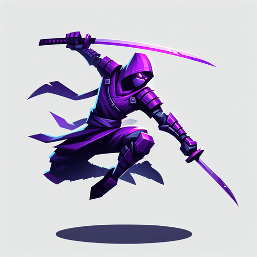 purple ninja with two blade jump style act for battle.
Single Game Texture.  In-Game asset.  2d.  Blank background.  High contrast.  No shadows