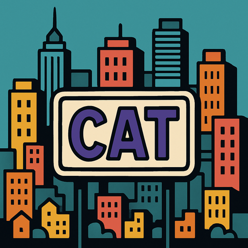 Şehir ve arkaplanında cat yazan bir tabela.
In-Game asset.  2d.  High contrast.  No shadows