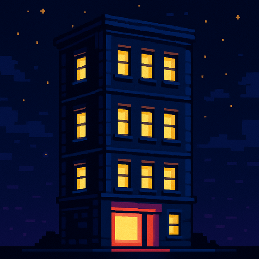 un edificio pixel art por la noche.
In-Game asset.  2d.  High contrast.  No shadows
