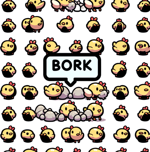 Chicken chicks with small bork speech bubbles.
Single Game Texture.  In-Game asset.  2d.  Blank background.  High contrast.  No shadows