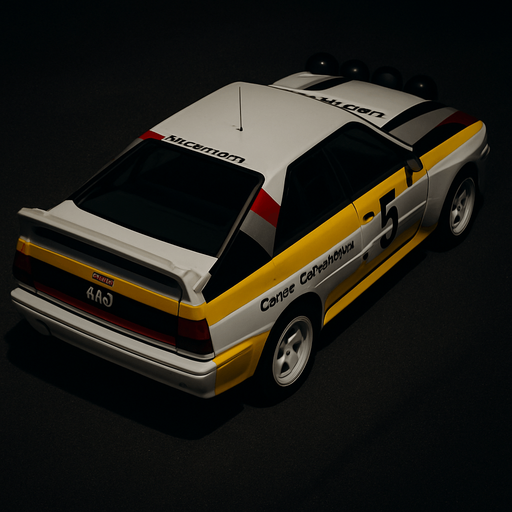 Photorealistic white audi b2 quattro RALLYCAR with YELLOW LIVERY AND red,grey,black stripes livery, drone topview from back in night. Angle should be 45 degrees in the top right corner of the screen.