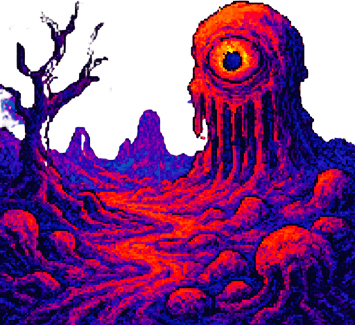 saturated themed psychedelic horror pixelated game style background scene. In-game asset. Surrealistic. dreamy.
In-Game asset