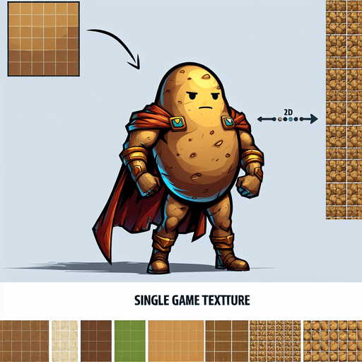 A heroic potato.
Single Game Texture. In-Game asset. 2d. Blank background. High contrast. No shadows.