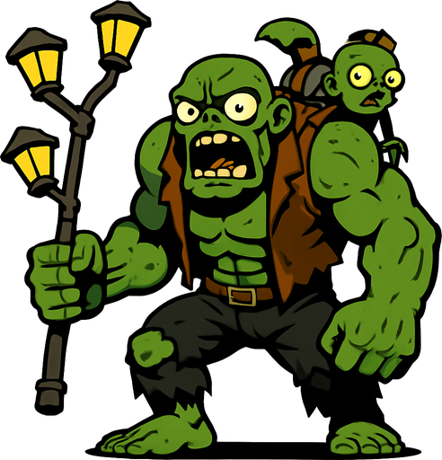 Un zombi gigante y musculoso de piel verdosa. Viste un chaleco marrón roto y pantalones oscuros desgarrados, dejando ver parte de sus piernas. En su mano derecha, blande un poste de luz improvisado con cuatro farolas, usándolo como arma. Sobre su espalda, lleva a un zombi pequeño, sujeto por unas correas. Sus ojos son grandes y saltones, y su boca está abierta mostrando una dentadura irregular, dándole una expresión de furia..
In-Game asset.  2d.  High contrast.  No shadows
