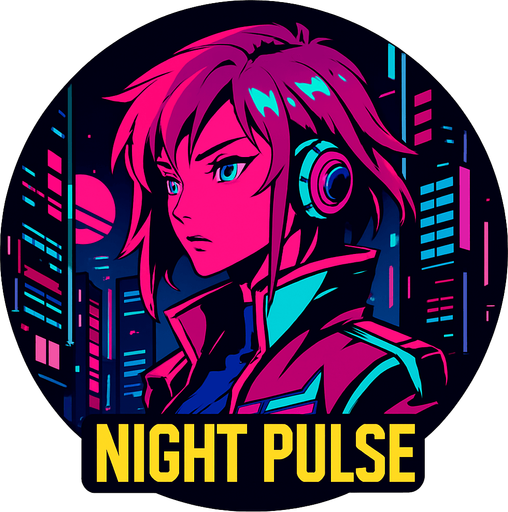 Round shape song cover of cyberpunk anime style with the themed “Night Pulse”.
In-Game asset.  2d.  High contrast.  No shadows