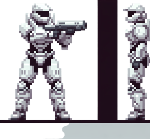 pixel art image of a stormtrooper from the Star Wars universe. The stormtrooper should be standing in a defensive pose, with their blaster raised.
Single Game Texture. In-Game asset. 2d. Blank background. High contrast. No shadows.