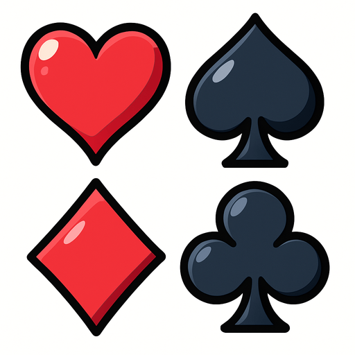The four card suits arranged in 2x2 grid layout, no lines. Anime style.
In-Game asset.  2d.  High contrast.  No shadows