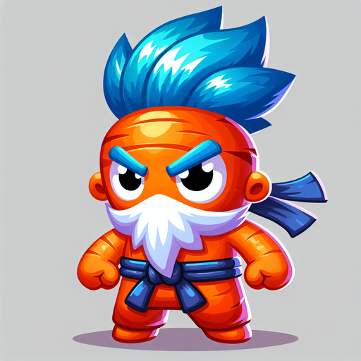 Design a 2D flat vector illustration of a short, carrot-shaped kung-fu master. The compact orange carrot body tapers neatly but is more compressed, emphasizing its chubby and endearing proportions. It features spiky blue Saiyan-style hair on top, radiating energy, and a long flowing white beard that signifies wisdom. A martial arts belt is tied around its middle, and a snug bandana completes its disciplined look. With sharp, focused eyes and a determined expression, it stands on two small, rounded feet, blending cuteness with a commanding presence..
Single Game Texture. In-Game asset. 2d. Blank background. High contrast. No shadows.