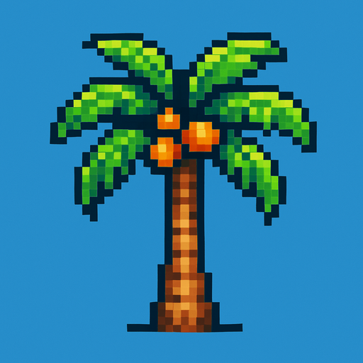 palm tree, pixelart.
In-Game asset.  2d.  High contrast.  No shadows