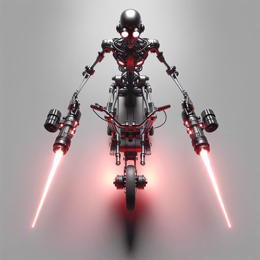 A thin robot with goggles riding a hover-bike. Twin blaster guns mounted on front. Top down view. Birds Eye view. Cyberpunk with red glowing highlights...
Single Game Texture. In-Game asset. 2d. Blank background. High contrast. No shadows.