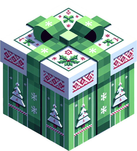 a big green and white christmas gift ornated. isometric view. nothing under. Single Game Texture. In-Game asset. 2d. Blank background. High contrast. No shadows.