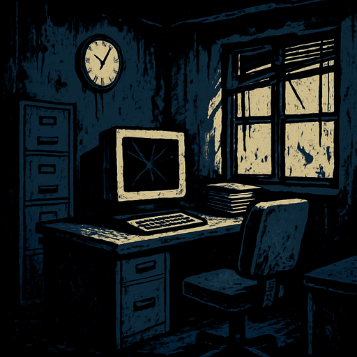 a creepy office.
In-Game asset.  2d.  High contrast.  No shadows