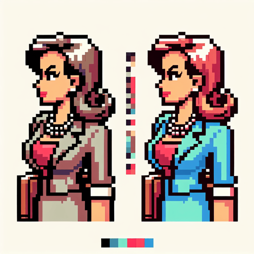8-bit. cartoon. fancy office person. woman. seen from the side. in game assset. Single Game Texture. In-Game asset. 2d. Blank background. High contrast. No shadows.