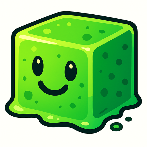 Cubo de slime con cara feliz.
In-Game asset.  2d.  High contrast.  No shadows