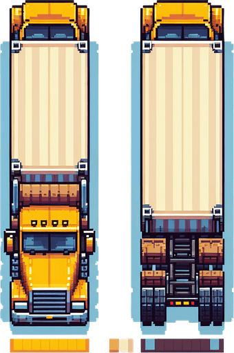 "Top-down view of a long yellow truck with a brown or white cargo container, pixel art style, 64x128 size, minimal retro arcade design, designed for a mobile endless driving game, clearly visible front cab and rear body, vertical orientation.".
Single Game Texture.  In-Game asset.  2d.  Blank background.  High contrast.  No shadows