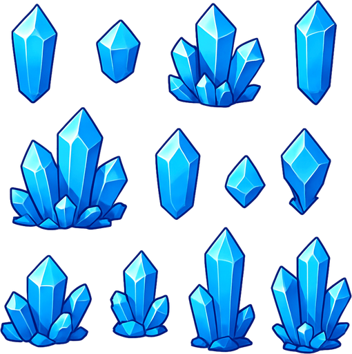 Pack of a different crystal assets. Blue sky color. HD colors..
In-Game asset.  2d.  High contrast.  No shadows