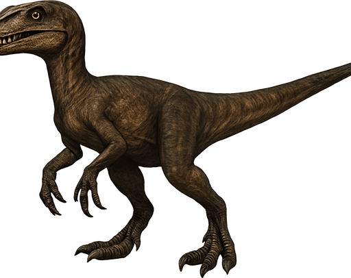 A realistic dinosaur dinosaur depicted in a neutral standing pose on a transparent background. It has a slender, agile body covered with textured brown and dark gray scales. The head is narrow with sharp teeth visible in a slightly open mouth and bright, alert eyes. Its limbs are muscular with sharp claws, and the tail is long and straight, providing balance. The skin texture shows fine scales and subtle muscle definition, emphasizing its role as an early, fast predator..
In-Game asset.  2d.  High contrast.  No shadows