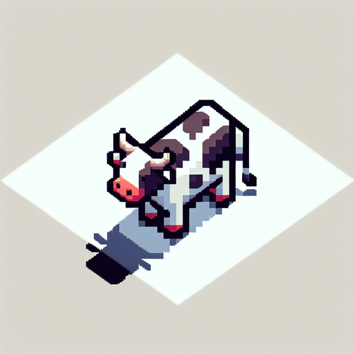 top down view of a pixel art cow.
Single Game Texture.  In-Game asset.  2d.  Blank background.  High contrast.  No shadows