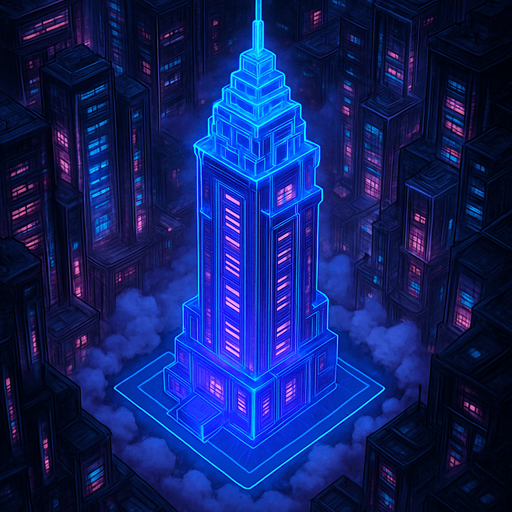 Massive futuristic neon hologram skyscraper top down isometric poking out of clouds from above elaborate cyberpunk architecture