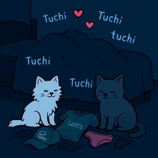 Los gatitos estan separados, sus dueños estan debajo de las sabanas tapados, los corazones deben estar arriba de la silueta en la cama, y los textos de tuchi tuchi igual.

eS UNA ESCENA ALGO MORBOSA pero no se ve nada, que la figura en las sabanas abarque gran parte de la cama