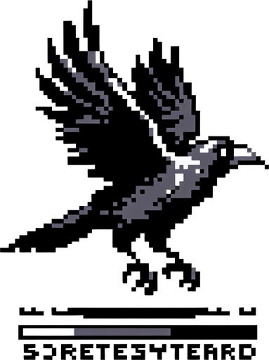 8-bit profile of crow flying straight.
Single Game Texture. In-Game asset. 2d. Blank background. High contrast. No shadows.