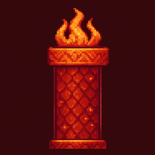 A single vertical top pipe for a 2D pixel art side-scrolling game with classic Flappy Bird hitbox. The pipe is designed with a dragon theme using red, orange, and gold tones. The pipe surface features subtle dragon scale textures and glowing ember details. Around the opening at the top, there is a stylized flame motif to give a mystical fantasy feel. The pipe is viewed from the side with a clear silhouette suitable for gameplay. The style is cute, retro, and fits a pixel art fantasy game..
In-Game asset.  2d.  High contrast.  No shadows. pixel art. side view. retro. fantasy. dragon theme. red. orange. gold. cute. mystical