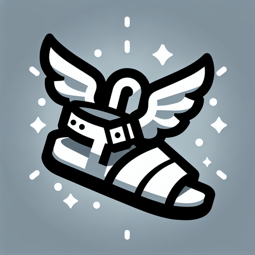 Sandal flying with wings.
Single Game Texture. In-Game asset. 2d. Blank background. High contrast. No shadows.
