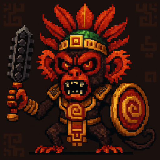 Genérame una MONO TITÍ guerra azteca con eso patrones estilo pixelar, con una apariencia maligna..
In-Game asset.  2d.  High contrast.  No shadows