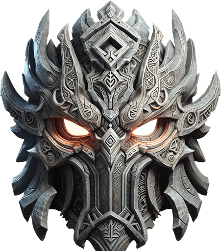 An imposing, ornate tribal mask or helmet, perhaps with glowing eyes or runic carvings..
Single Game Texture.  In-Game asset.  2d.  Blank background.  High contrast.  No shadows