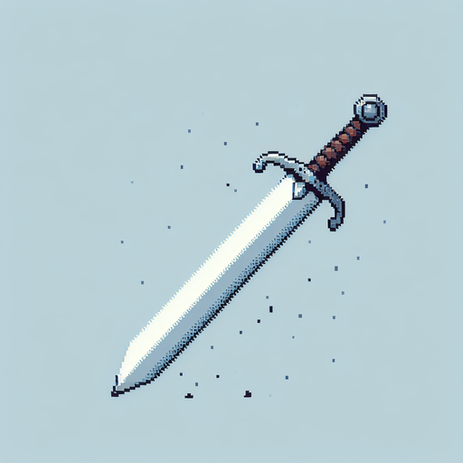 A thin crude sword, no pommel. 8 bit pixel art..
Single Game Texture.  In-Game asset.  2d.  Blank background.  High contrast.  No shadows