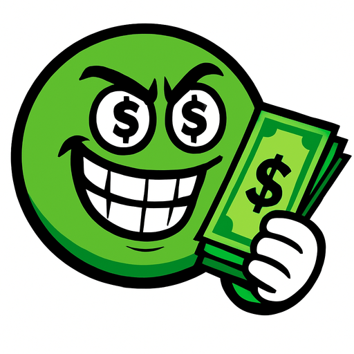 A rich, greedy green ball has a wad of cash in his hand.
In-Game asset.  High contrast.  No shadows