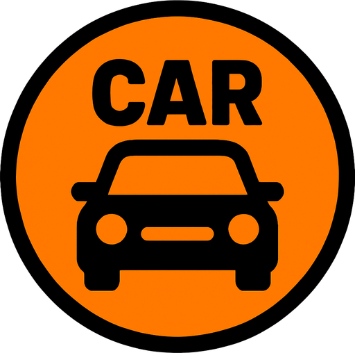 Car yazili araba temali turuncu ve daire bir dugme.
In-Game asset.  2d.  High contrast.  No shadows