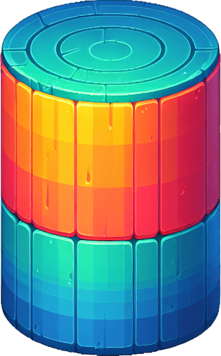 Make a colorful cylender.
Single Game Texture. In-Game asset. 2d. Blank background. High contrast. No shadows.