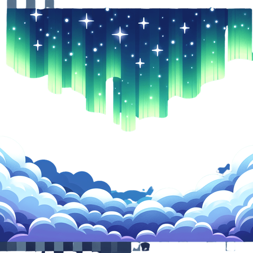 Starry night sky, northern lights, looking up. Cartoon style. Above clouds
Single Game Texture. In-Game asset. 2d. Blank background. High contrast. No shadows.