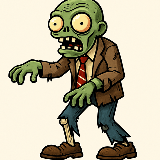 Zombie de piel verdosa y pálida, con una cabeza ovalada y dos grandes ojos saltones con pupilas pequeñas y rojizas. Su boca está abierta, mostrando dientes irregulares. Viste un traje de negocios marrón claro, una camisa blanca y una corbata roja a rayas, todo rasgado y sucio. Sus pantalones azules están hechos jirones, dejando ver una pierna esquelética, y calza zapatos marrones desgastados. Sus brazos están extendidos ligeramente hacia adelante.
In-Game asset.  2d.  High contrast.  No shadows