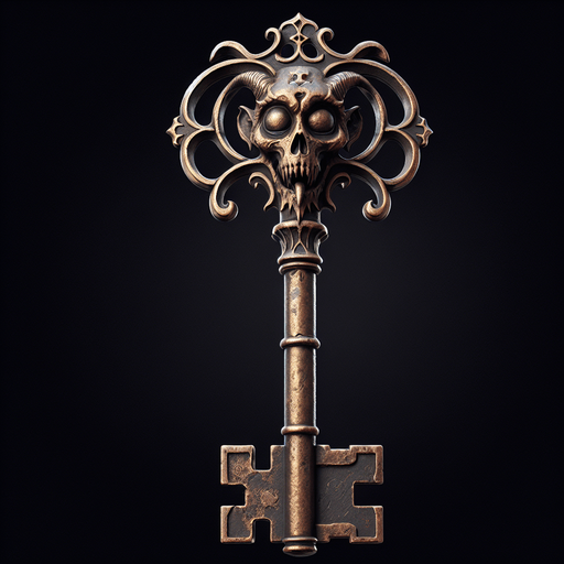eerie creepy old rusty key with krampus face embossed on it png.
Single Game Texture. In-Game asset. 2d. Blank background. High contrast. No shadows.