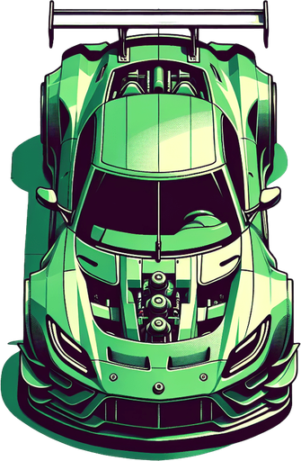 top down view of green color racing car.
Single Game Texture.  In-Game asset.  2d.  Blank background.  High contrast.  No shadows