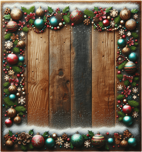 a vertical christmas wooden board with snow, and decorations on its sides Background image. High contrast. No shadows.
