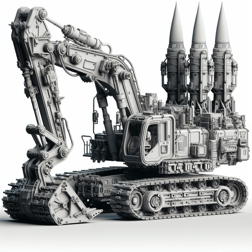 Excavator with 2d tender rockets.
Single Game Texture.  In-Game asset.  2d.  Blank background.  High contrast.  No shadows