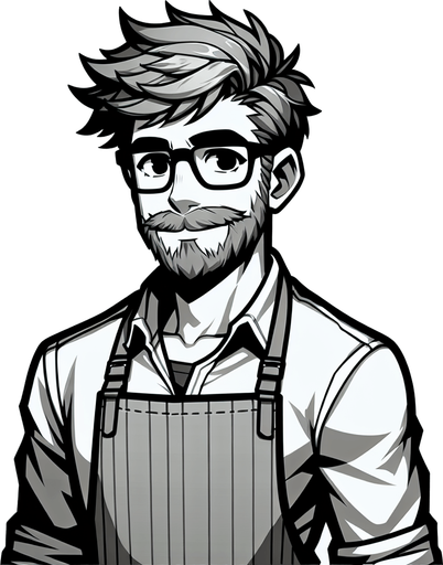 sakallı ve az bıyıklı  güneş gözlüklü 26 lı yaşlarda bir beyefendi ayak üstünde dursun üzerinde önlük olsun.
Single Game Texture.  In-Game asset.  2d.  Blank background.  High contrast.  No shadows