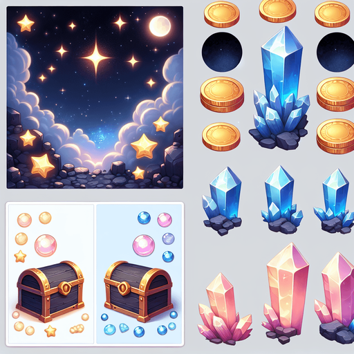 нужны ерасивые монеты, кристаллы, сундуки с кристаллами, всё это должно соответсвовать небесной тематике.
Single Game Texture. In-Game asset. 2d. Blank background. High contrast. No shadows.