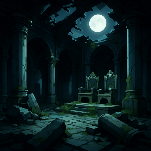 A crumbling forgotten palace with fallen pillars, moss overtaking marble, broken thrones and moonlight through shattered roof, realistic.
In-Game asset.  2d.  High contrast.  No shadows