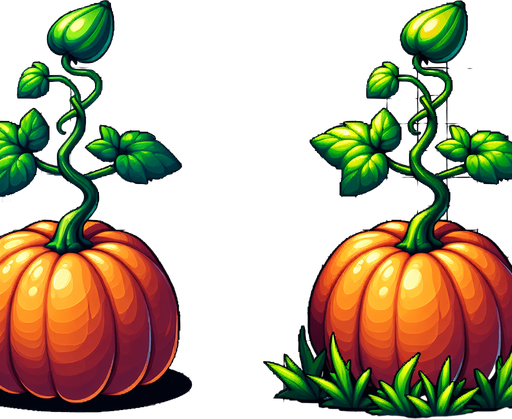 A lush pumpkin at the foot of its green stalk..
Single Game Texture. In-Game asset. 2d. Blank background. High contrast. No shadows.