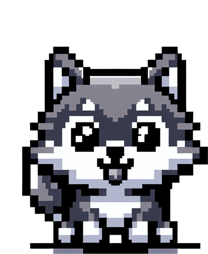 Wolf puppy 8-bit character cute and adorable.
Single Game Texture. In-Game asset. 2d. Blank background. High contrast. No shadows.