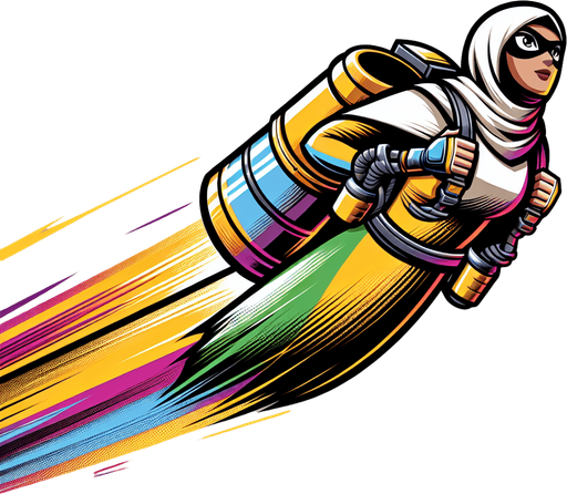 Person flying with jetpack with color.
Single Game Texture.  In-Game asset.  2d.  Blank background.  High contrast.  No shadows