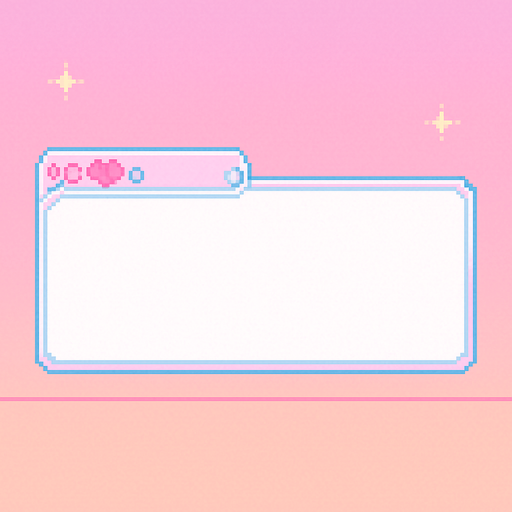 Ilustración en Pixel Art de un Name Box blanco, característico de una novela visual romántica, con detalles en colores pastel. El cuadro no contiene texto.