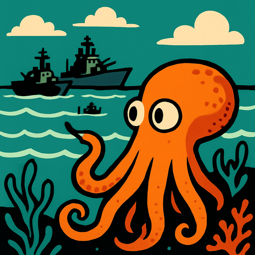 un pulpo naranja viendo que barcos de guerra vienen a atacar su hogar marino.
In-Game asset.  2d.  High contrast.  No shadows