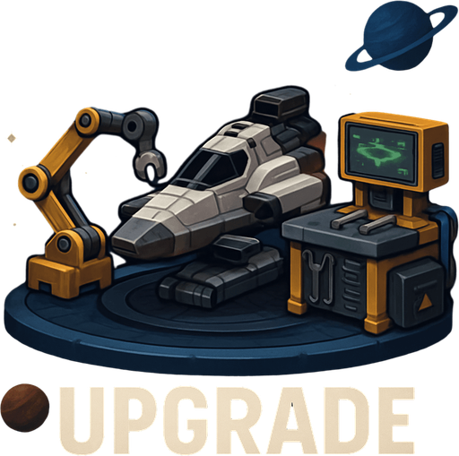 Uzay temalı Gemi Geliştirme, Tamirci İstasyonu, gerçekçi, Altında "Upgrade" yazsın.
In-Game asset.  High contrast.  No shadows