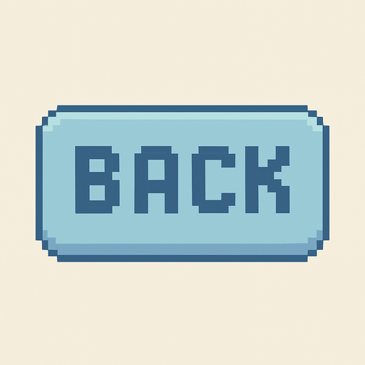 A flat pixel art button for a 2D retro-style game UI. The button is rectangular with rounded corners and minimal shading. It features the word "BACK" written in large, centered pixel font. The button color should be a clear pastel blue-grey, leaning more towards light blue than grey. The design is clean and simple, with no extra icons, borders, or decorations—just a cozy retro button..
In-Game asset.  2d.  High contrast.  No shadows. pixel art. retro. 2d game ui. flat design. pastel colors. soft light blue. clean. simple. rounded corners. large pixel font. minimal