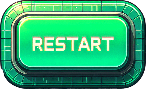 A green, elongated rectangular button designed for a video game UI, viewed straight from the front. The button has a muted neon green surface with a soft, subtle glow, giving it a retro-punk futuristic vibe without overwhelming brightness. The edges are slightly rounded, with a faint cyan outline that adds a touch of depth and complements the design.

Centered on the button, the word 'RESTART' appears in a bold, pixel-art font with a faint white outline, ensuring it remains clear and readable. The background is simple and minimal, with a subtle grid texture lightly visible on the button's surface to maintain the retro-futuristic aesthetic without excess glare. The overall design is clean and balanced, perfect for an immersive gaming interface..
Single Game Texture. In-Game asset. 2d. Blank background. High contrast. No shadows.